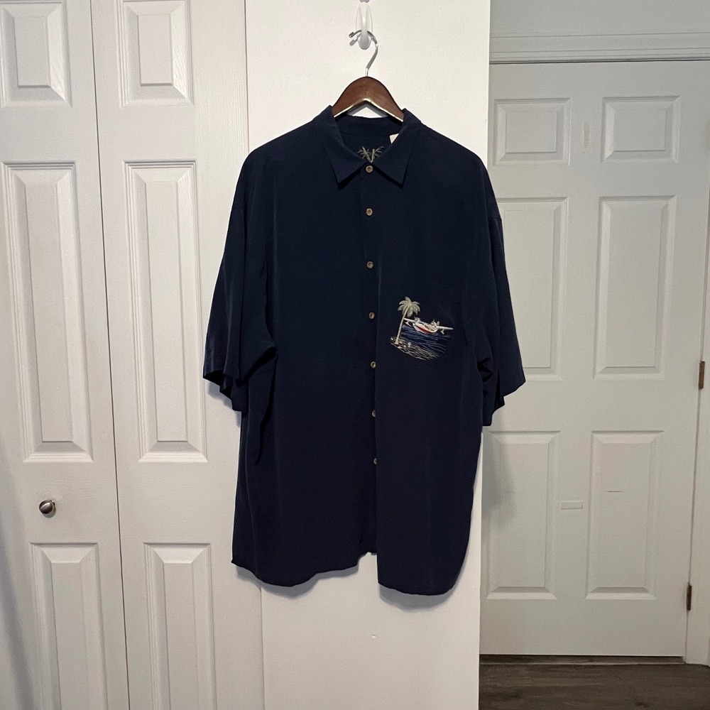 Bamboo Cay Mens XXL Blue Seaplane Embroidered Modal Blend Camp Resort Shirt
